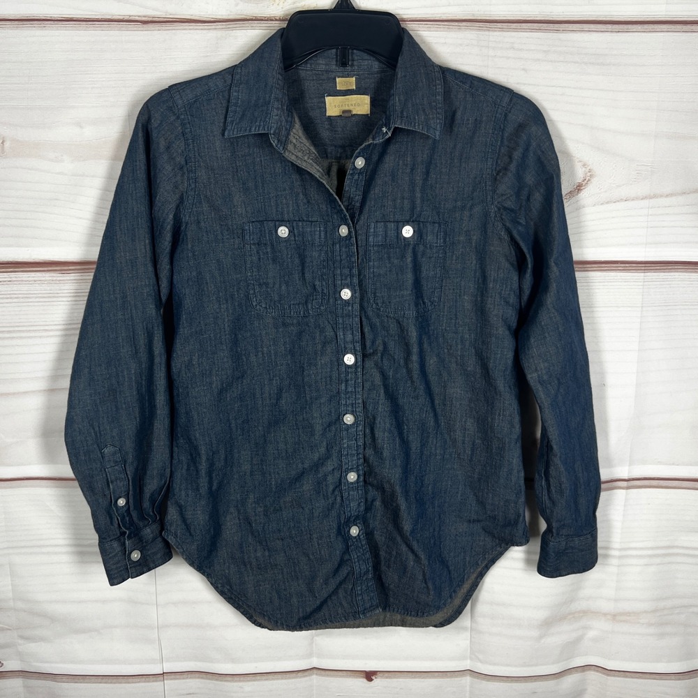 LOFT‎ Softened Shirt Womens XS Blue Solid Button Down Long Sleeve Denim Chambray